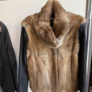 Rabbit fur and black leather jacket
